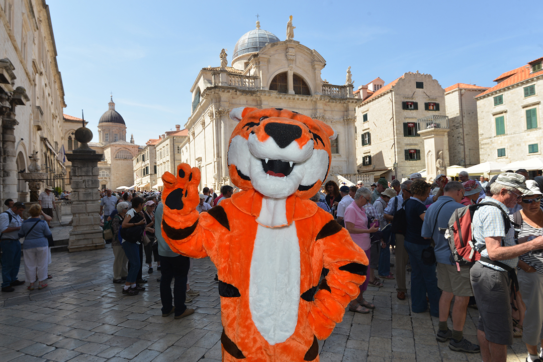 a tiger mascot in the streets of Croatia.