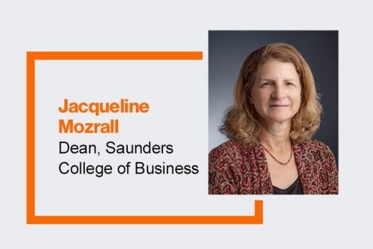 graphic with a portrait of Jacqueline Mozrall, dean, Saunders College of Business.