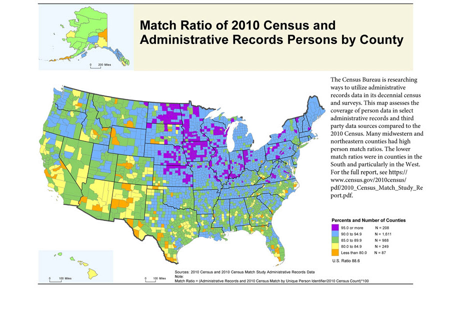 map showing data for Match Ratio of 2010 Census and Administrative Records Persons by County.