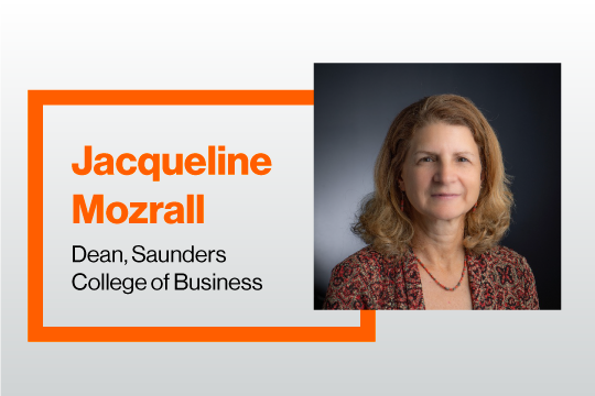 graphic with a portrait of Jacqueline Mozrall, dean, Saunders College of Business