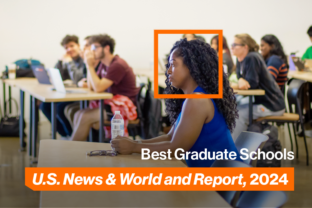 Student watching lecture, with Best Graduate Schools, U.S. News & World Report, 2024 text