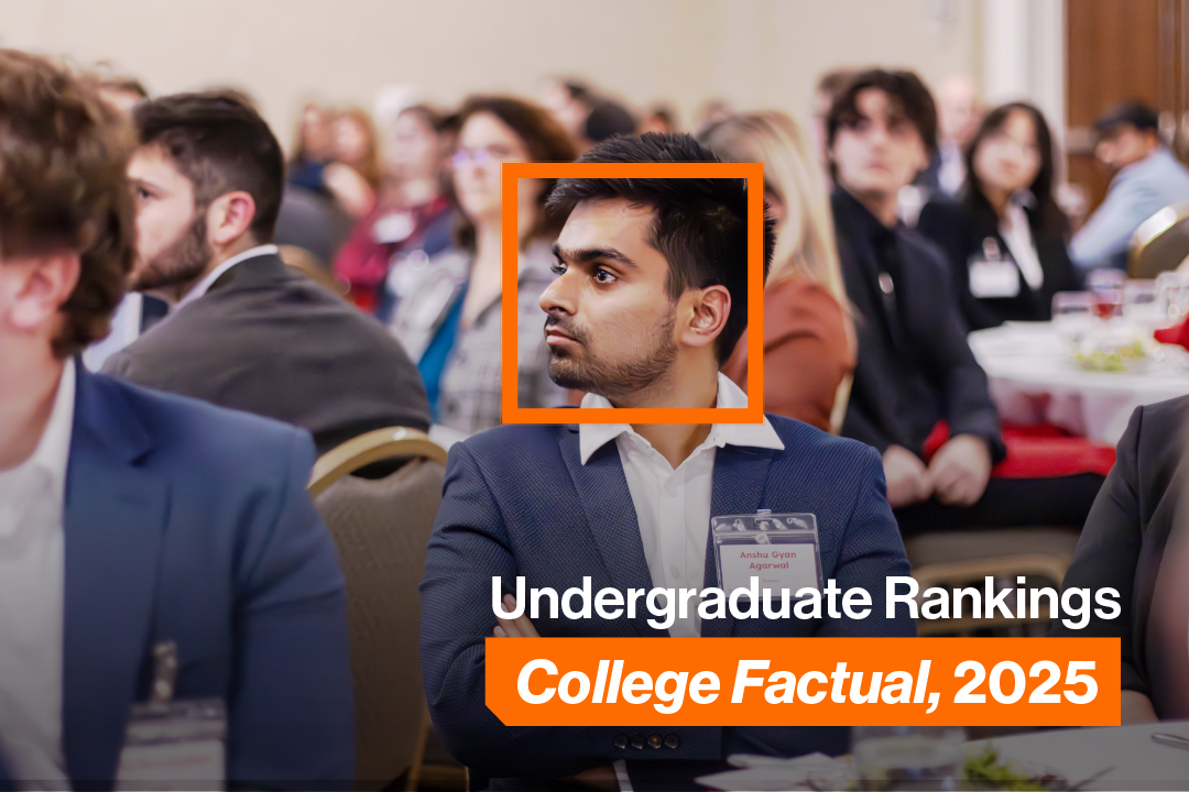 Student in class, with Undergraduate Rankings College Factual, 2025 text