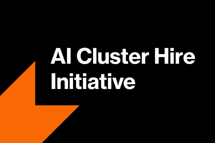 'the words AI Cluster Hire Initiative appear ona black background with an orange arrow pointing down to the lower left.'