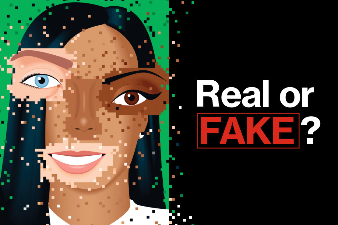 an illustrated image of a pixelated face appears next to the words real or fake.