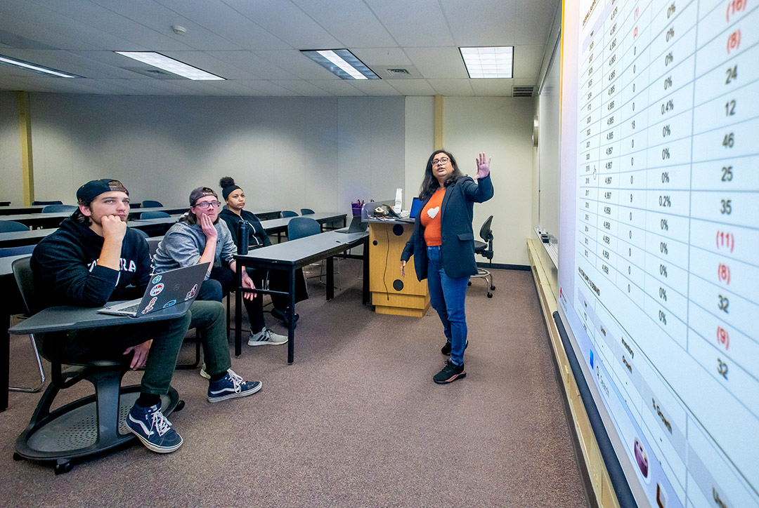 'three college students sit in a classroom and look at a screen where numbers are displayed. Next to the screen, a professor gestures towards it.'