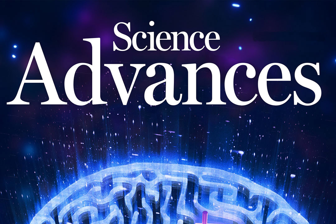 'An illustration of a brain with the words Science Advances displayed over the top in white, all on a dark blue background.'