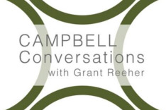 a green and white graphic that says Campbell Conversations with Grant Reeher.