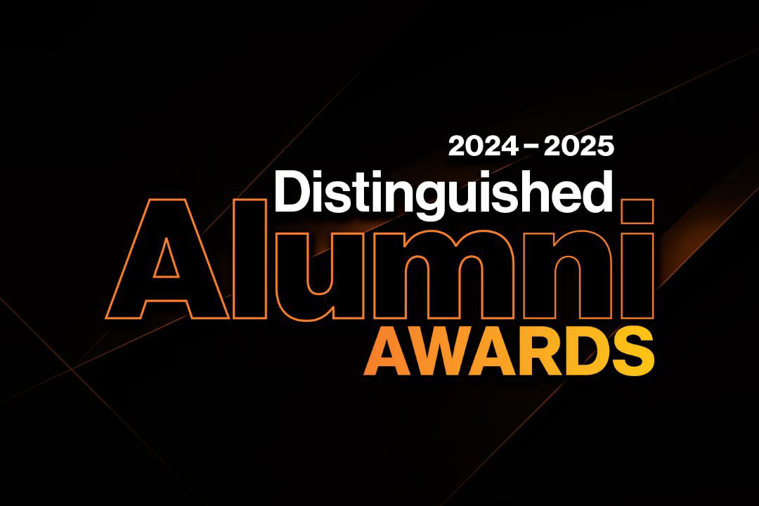 the words distinguished alumni awards appear in yellow and orange on a black background