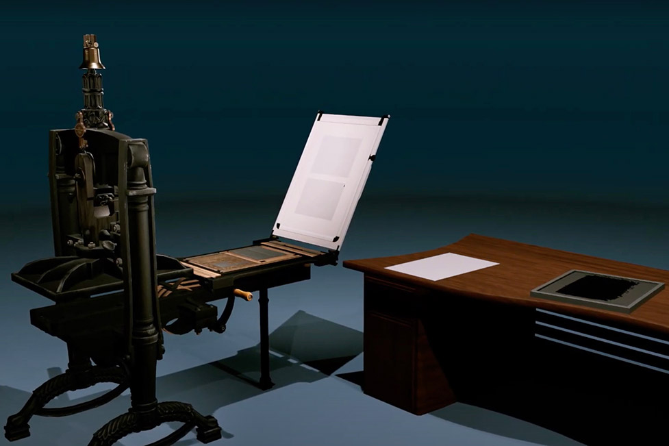 A VR image showing an antique printing press next to a modern wooden desk with a blank sheet of paper.