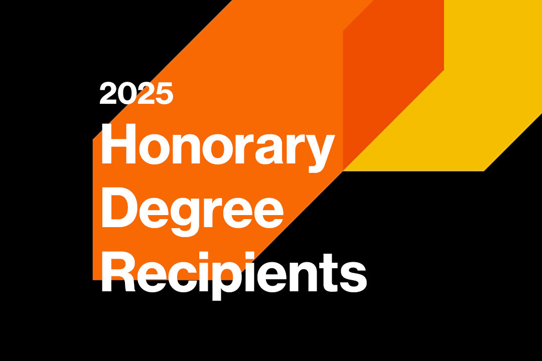 Text reading '2025 Honorary Degree Recipients' over black background with orange and yellow geometric shapes.