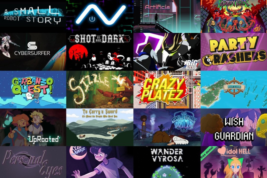 A collage of 20 indie game title screens, each with distinct typography and artwork. Titles include 'A Small Robot Story,' 'Cybersurfer,' 'Garbanzo Quest!,' 'Crazy Platez,' 'Wish Guardian,' and more, featuring various art styles from pixel art to hand-drawn and futuristic themes.