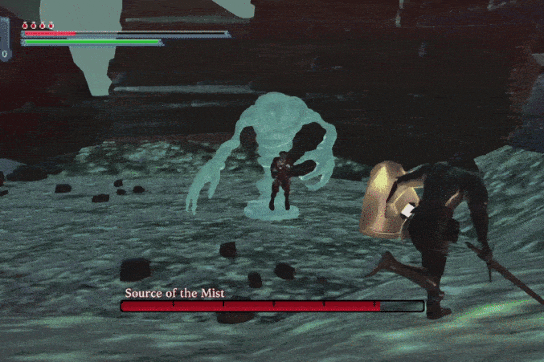 An image from the Echoes in the Mist video game with a sword and shield wielding knight.