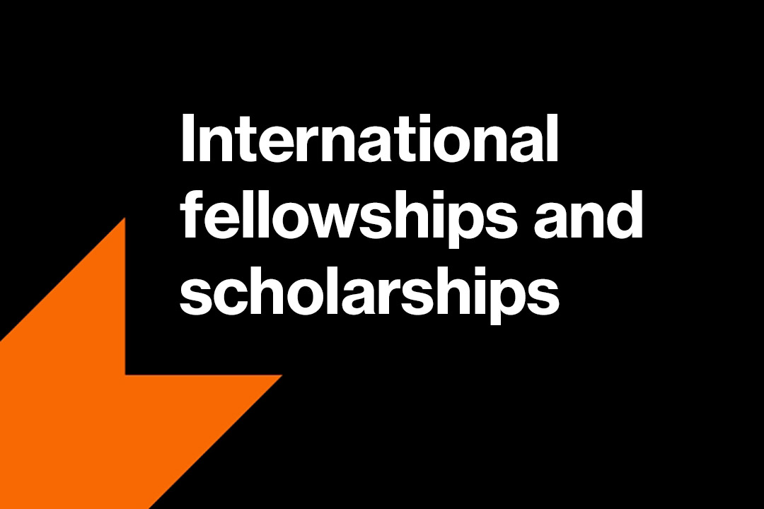 an orange ribbon tail appears in the lower left of a black background. The words international fellowships and scholarships appears in white.