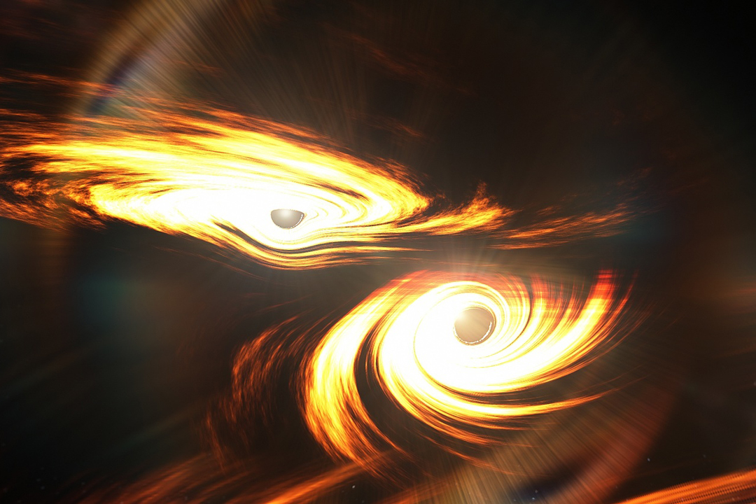 Two black holes with yellow tails colliding.