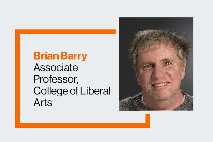 a headshot of Brian Barry, with short blonde hair and a gray sweater, is set to the right of an orange box displaying his name and job title.