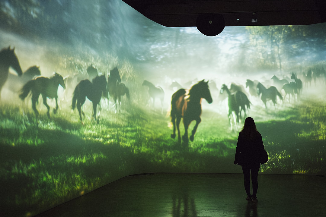 A large screen shows horses running with the silhouette of a person watching in front.