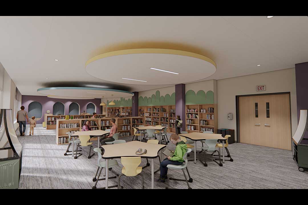 A rendering of a library space in a school.
