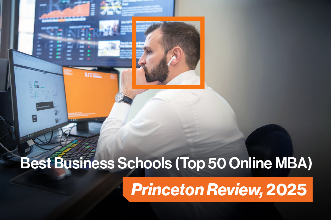 MBA Student working at computer, Best Business Schools (Top 50 Online MBA) Princeton Review, 2025