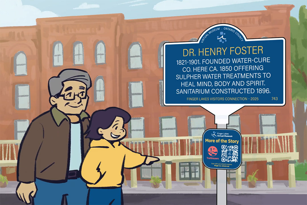Cartoon man and child smile while reading a historical marker about Dr. Henry Foster in front of a brick building.