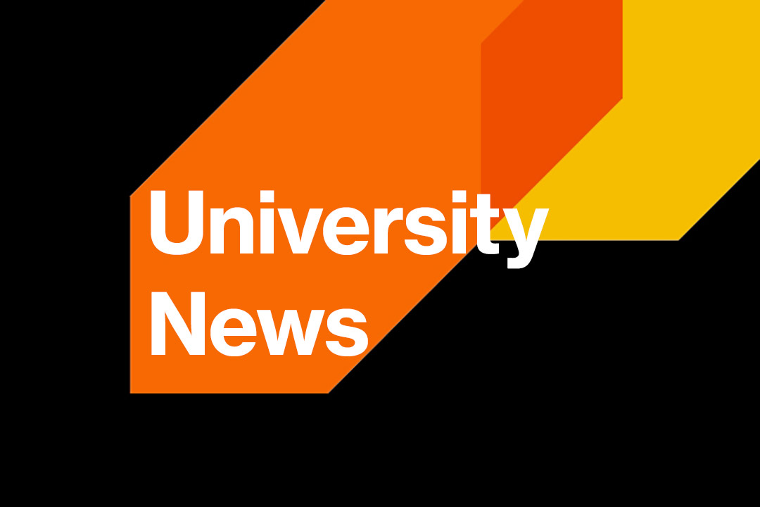 University News is shown in white text over yellow and orange arrows on a black background