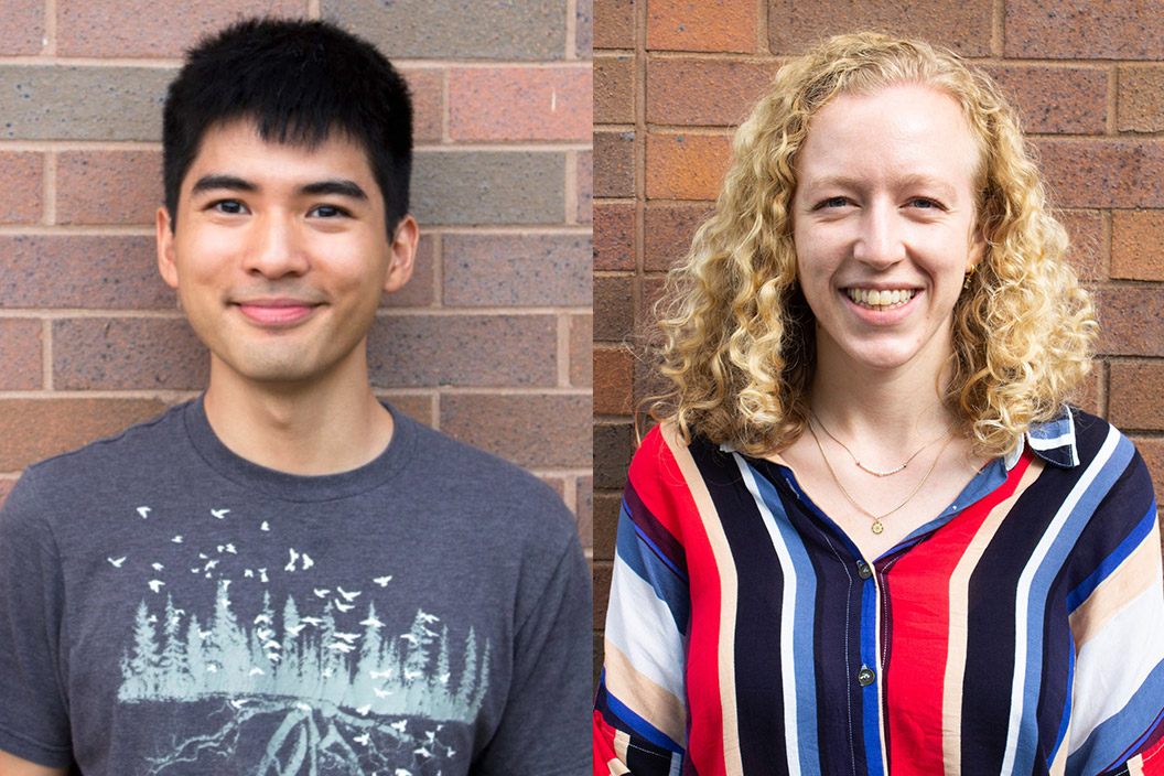 headshots of a college age male (left) and female (right) are shown against a brick background.