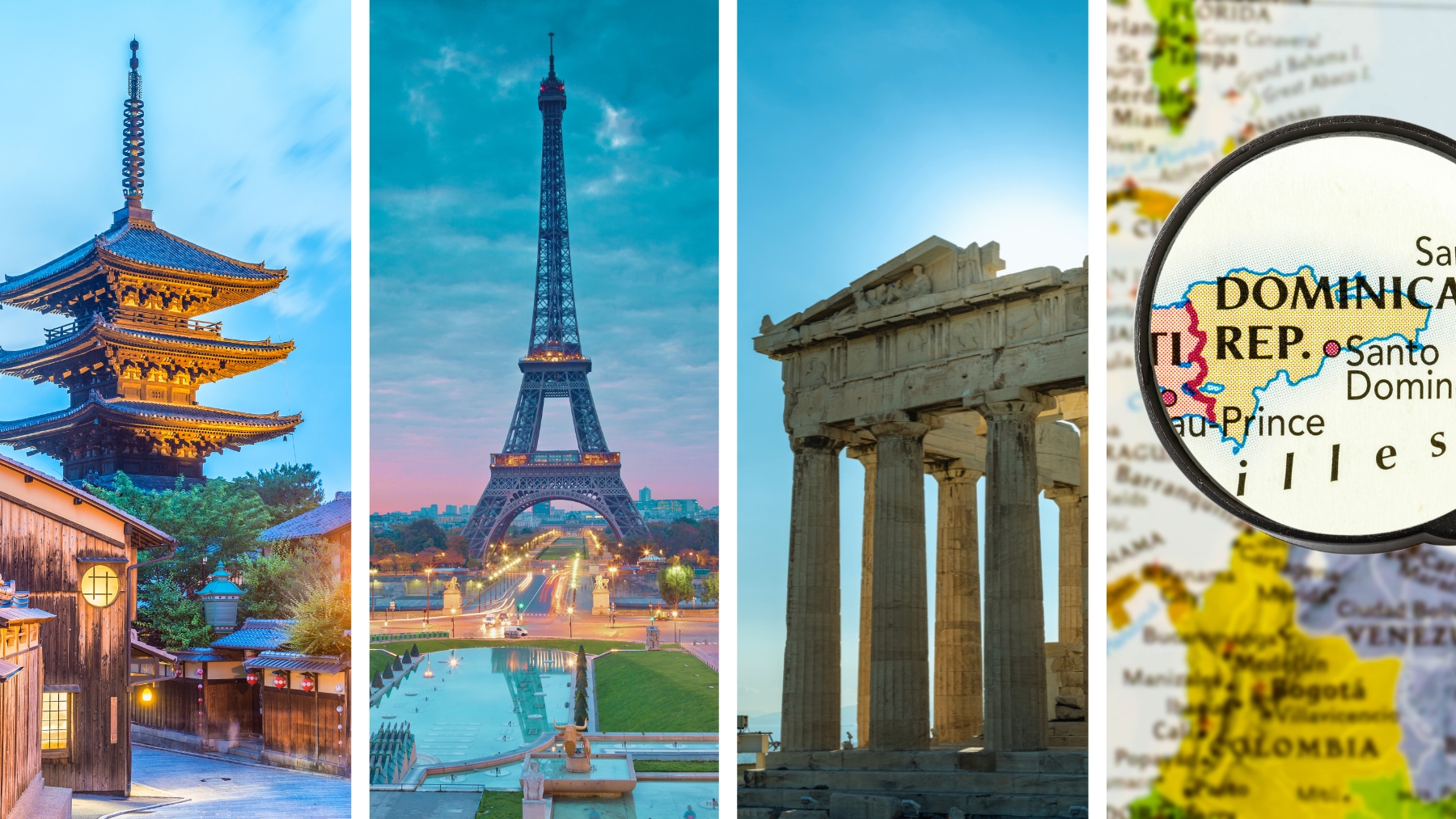 a montage of four photos from international destinations kyoto paris greece and a map