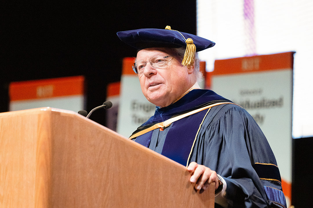 Andreas Cangellaris, the founding president of NEOM University in Saudi Arabi delivers the keynote address at the inauguration of RIT President Bill Sanders