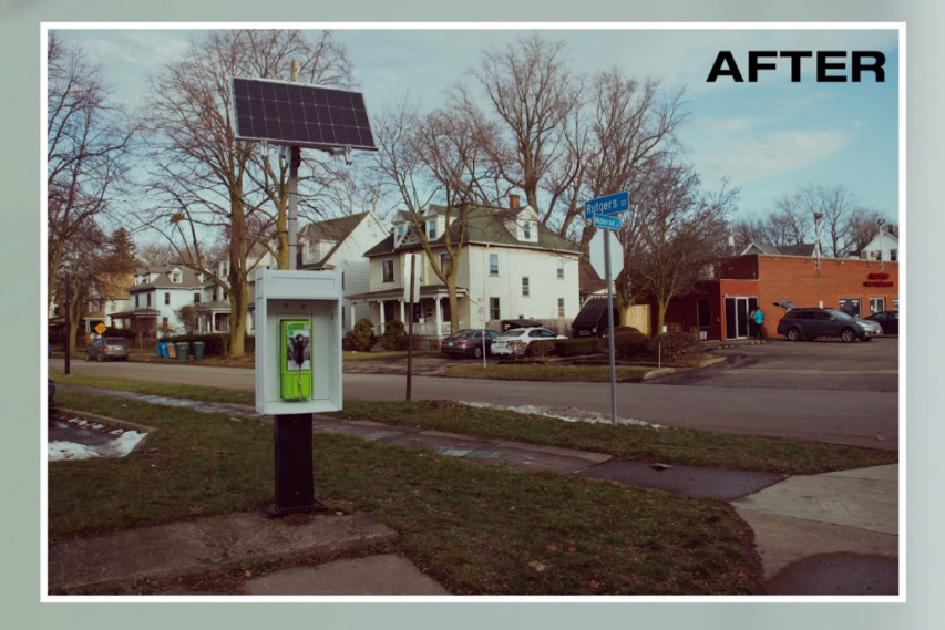 A photo that shows one of the newly installed Good Phones on the corner of Rutgers Street and Monroe Avenue. The photo aesthetic looks older like it was taken on a film camera. In the top right corner the word After is written, noting that this is what the location looks like after the phone was installed.