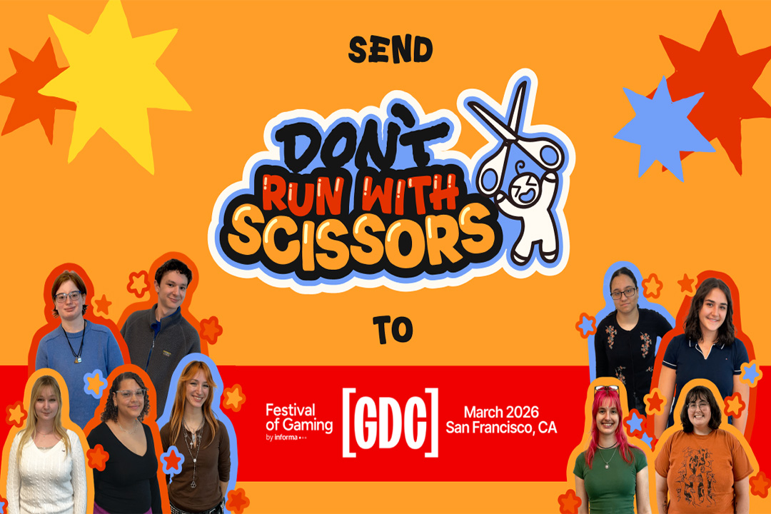 Orange background with images of students --- 5 on the left side and 4 on the right side and the logo for the game Run With Scissors. The graphic says "Send Run with Scissors to GDC Festival of Gaming