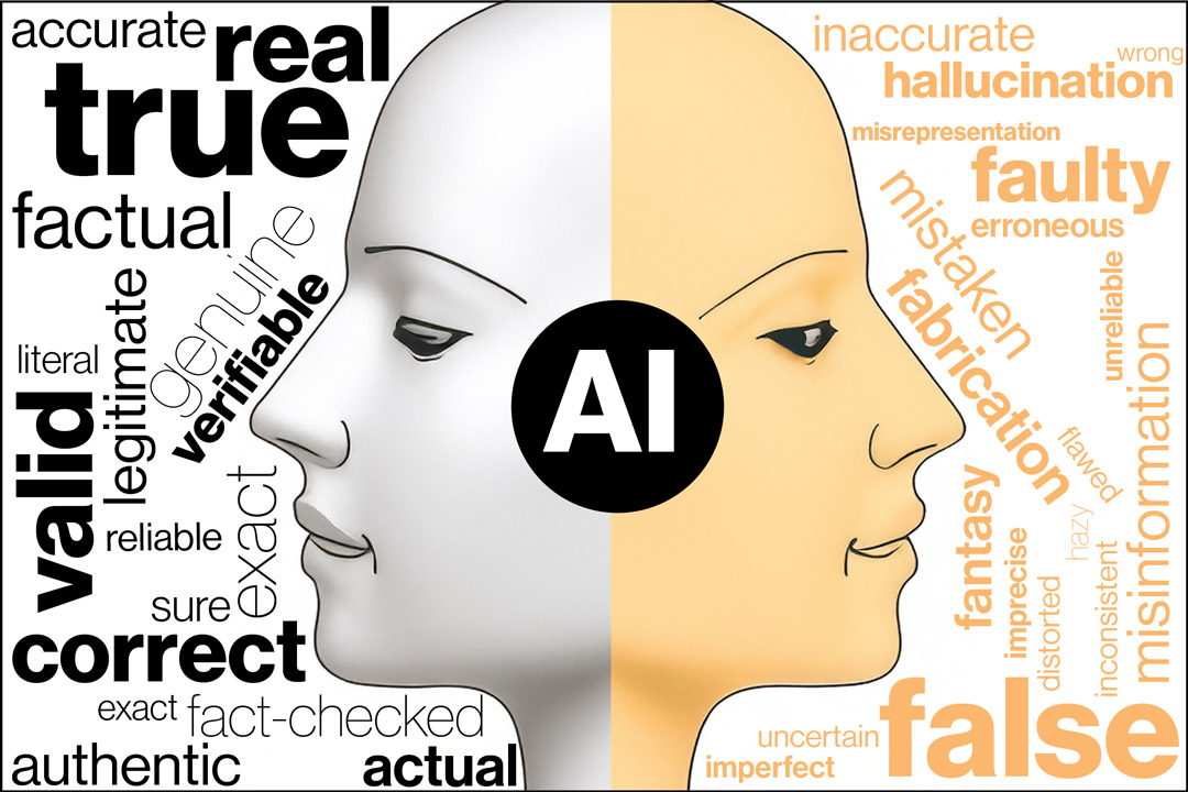 'an illustration of a facial profile facing both front and back with words representing A I lying surrounding it.'
