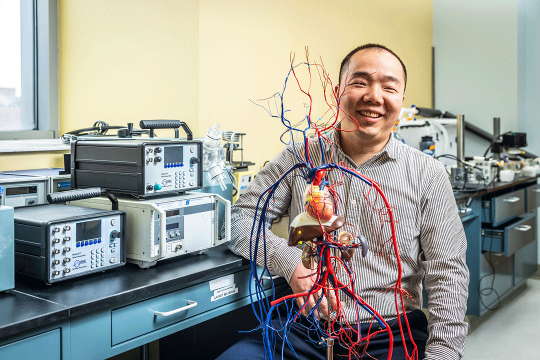 'Smiling man in labratory holds a detailed anatomical model of a human heart with red and blue blood vessels. Electronic testing equipment and lab instruments are visible on the bench behind him.'
