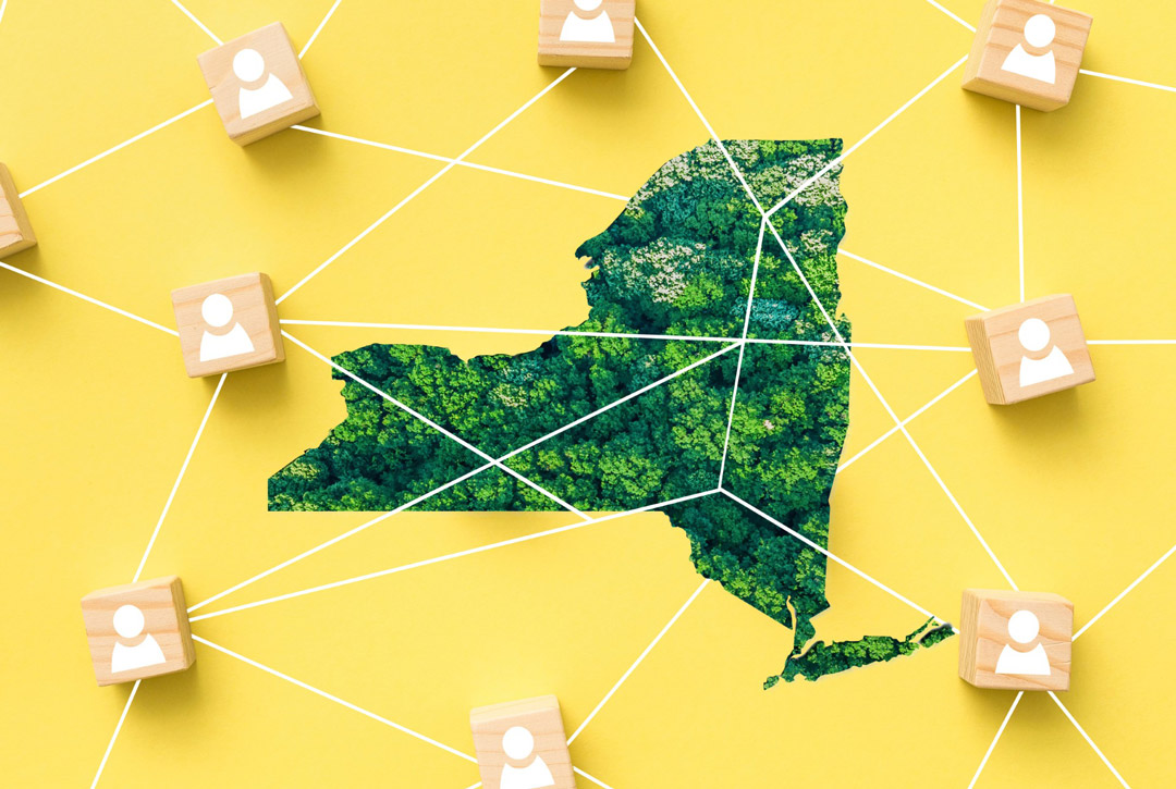 an outline of new york state filled with a pattern of treetops on a yellow background. Around it, wooden blocks with a figure depicting a torso of a person surrounds the state connected by white lines.