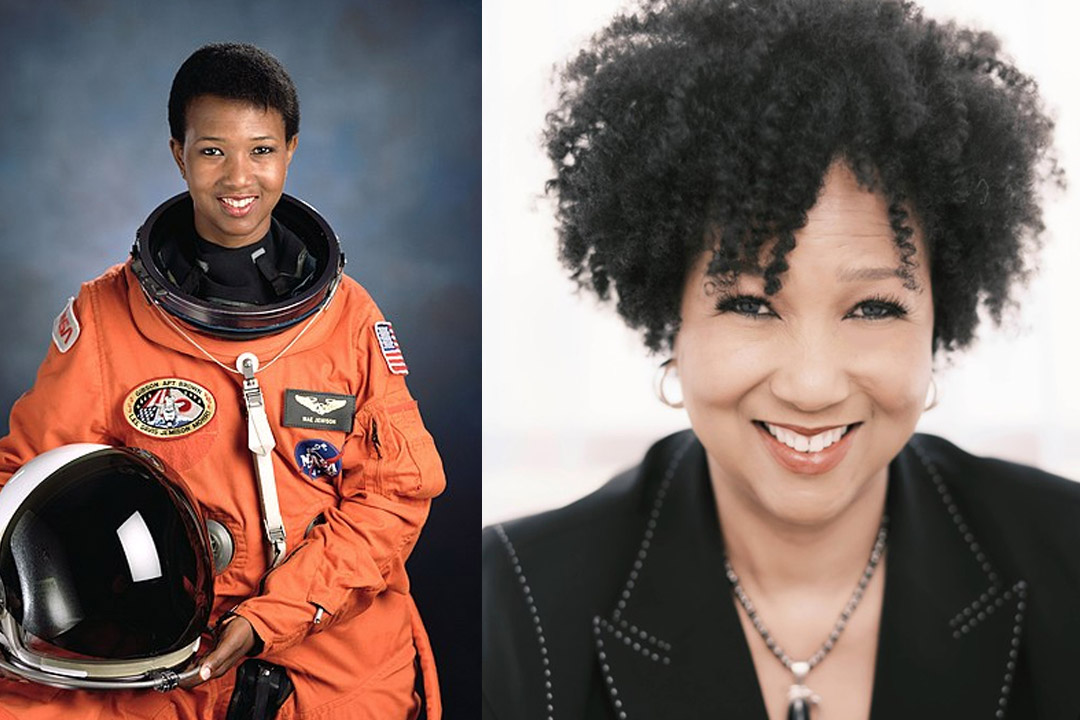 A split image of a female astronaut in space gear on the left and a woman with dark hair and a black suit jacket on the right.