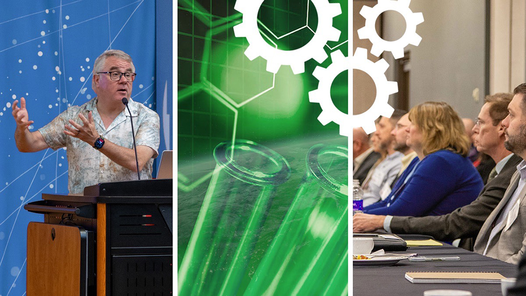 Three-panel banner for green chemistry training: a speaker gestures while presenting at a podium in front of a blue starburst-patterned backdrop; a green-tinted graphic of chemistry glassware and a molecular structure overlaid with white gear icons; and attendees seated at a conference table taking notes during the session.