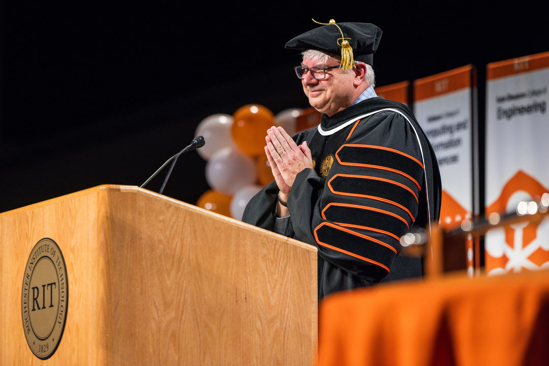'RIT President Bill Sanders welcomed first-year students during Fall Convocation for New Students in the Gordon Field House and Activities Center.'
