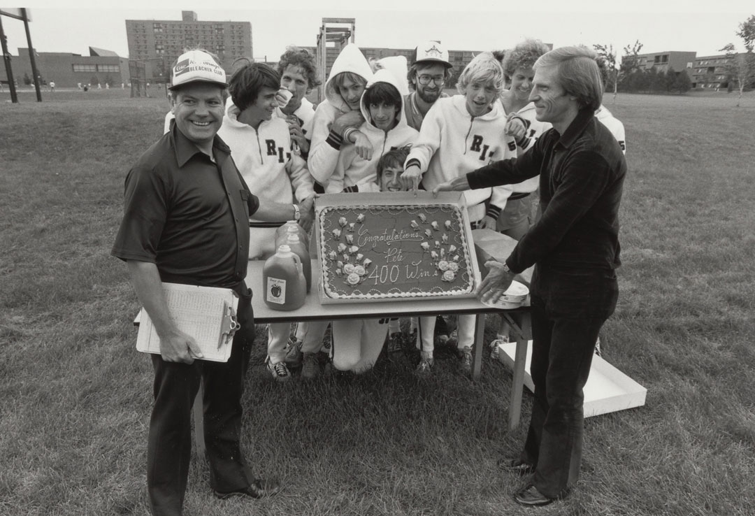 Pete Todd, left, celebrates his 400th win with RIT cross country in 1982