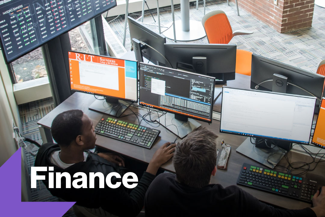 students on computers with finance text.