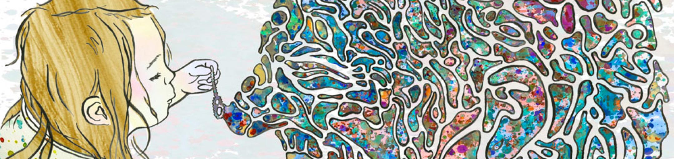 Drawing of a child blowing somewhat psychedelic bubbles