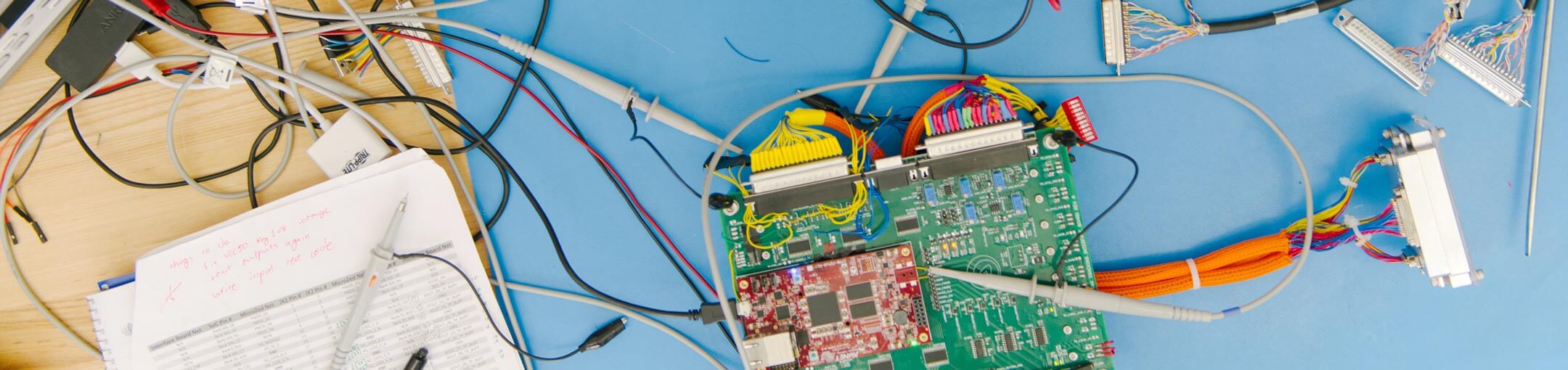 Circuit board on blue table surrounded by cords and papers.