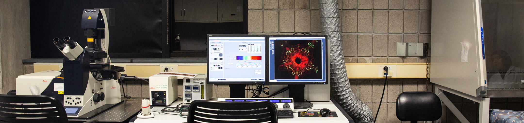 A workstation in a lab with a microscope on the left, and a computer with a monitor showing a magnified image of what is under the microscope in the middle.