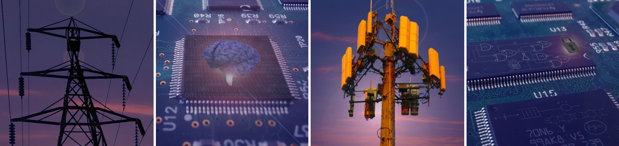 A collage of images representing electrical and computer engineering, including circuitboards, power lines, and antennas.