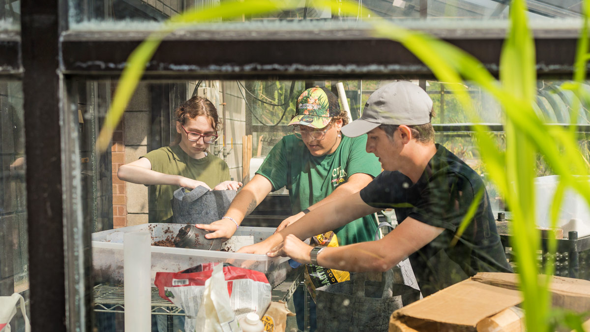 Students work in a greenhouse space.