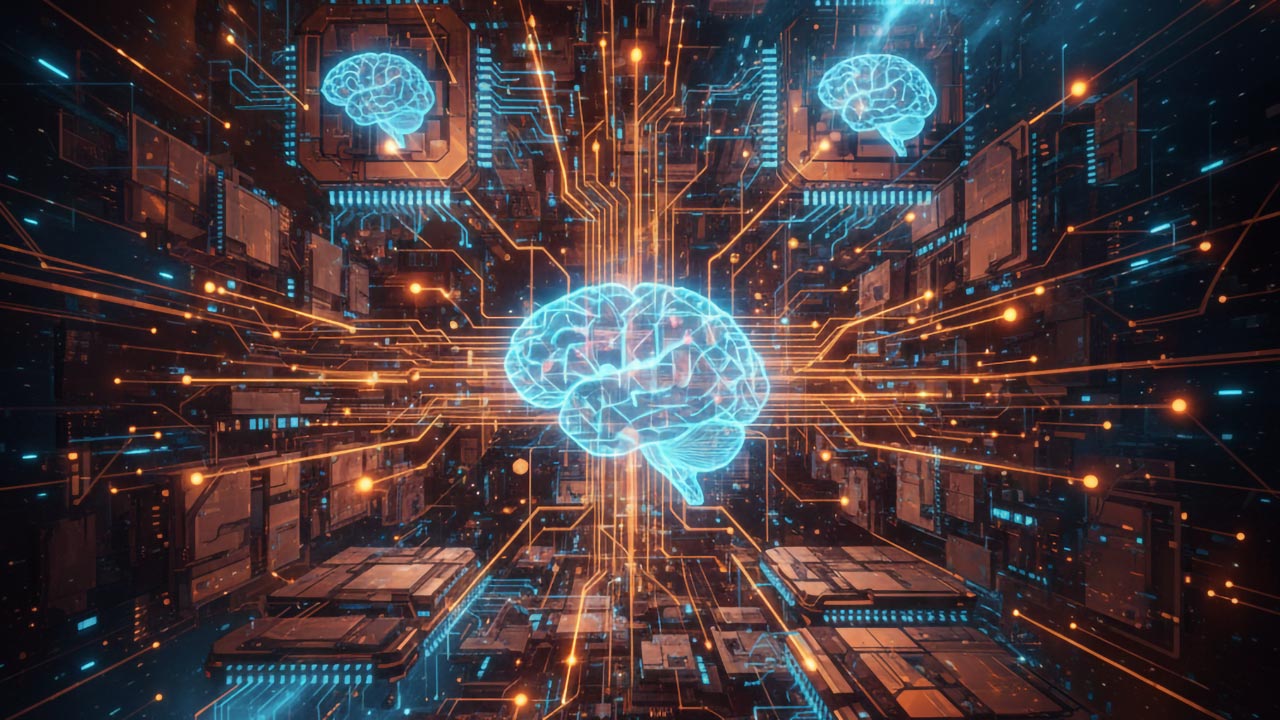 Blue holograms of human brains appear in front of a background of orange and blue circuitry.