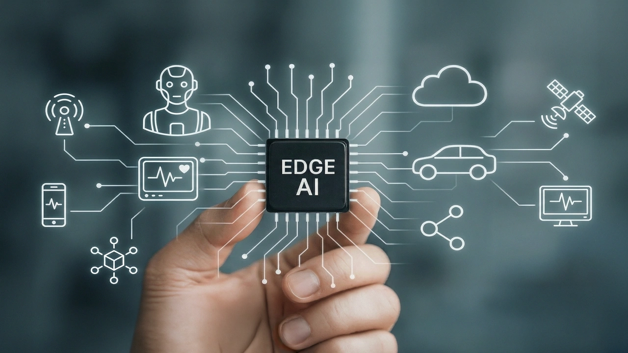 A hand holding a microchip labelled "Edge AI" with several clipart icons surrounding the chip.