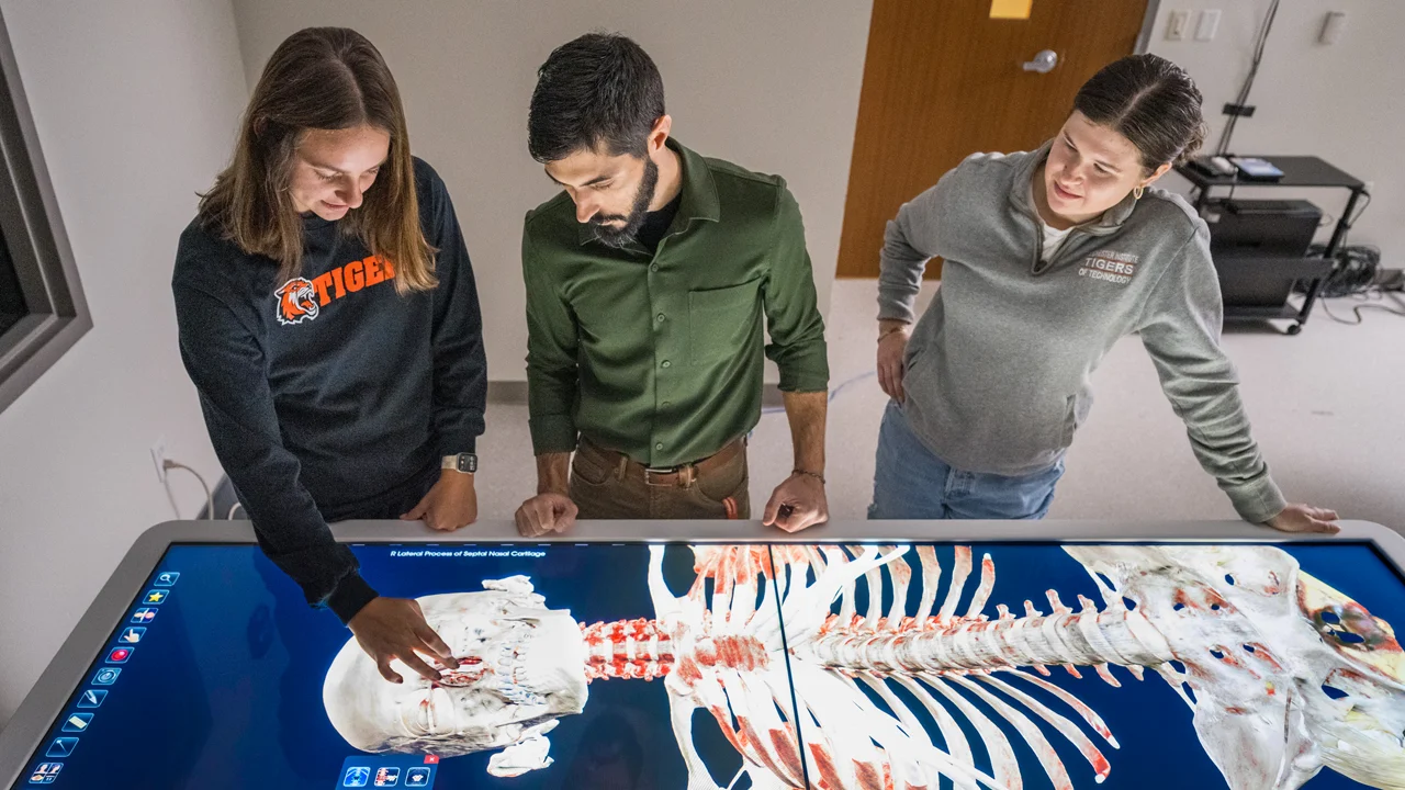 Student use a digital examining table to zoom into a 3D rendering of a skeleton.