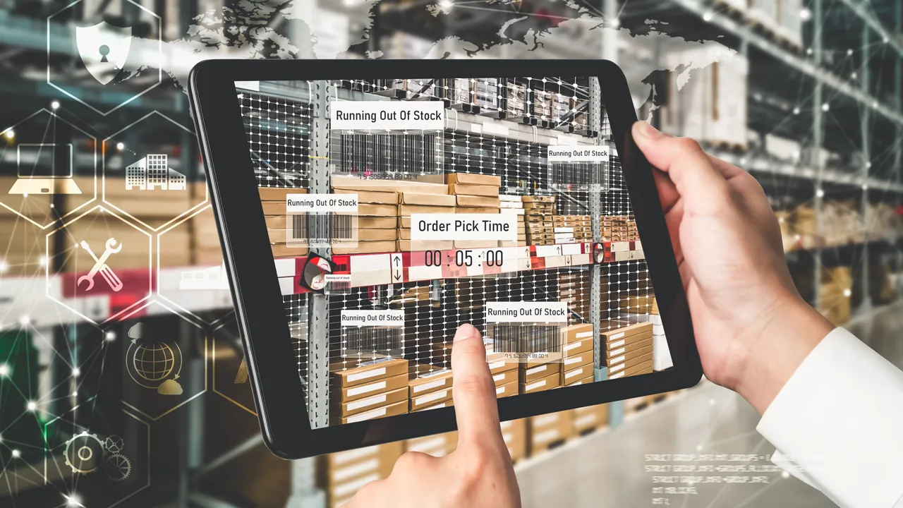 A mockup of a computer tablet with supply chain information on it.