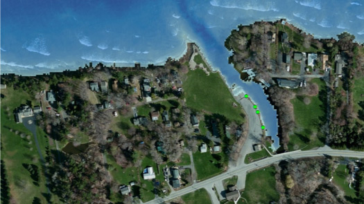 map of Bear Creek Harbor off Lake Ontario with green points showing survey ground truth measurements