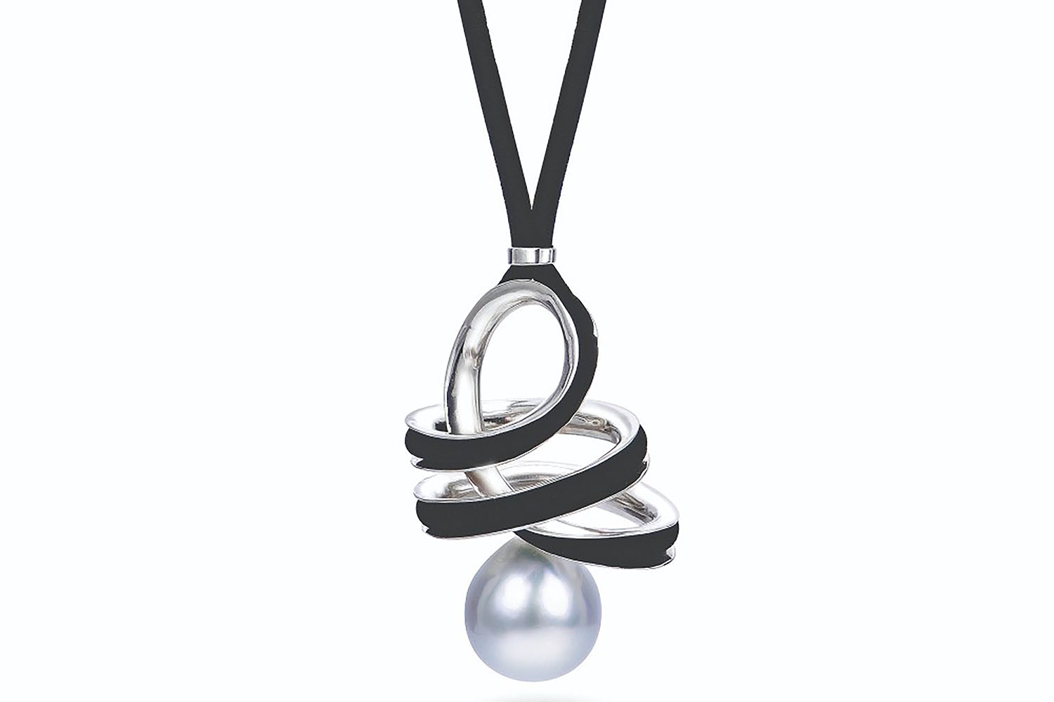 A platinum pendant with a black leather cord and silver pearl.