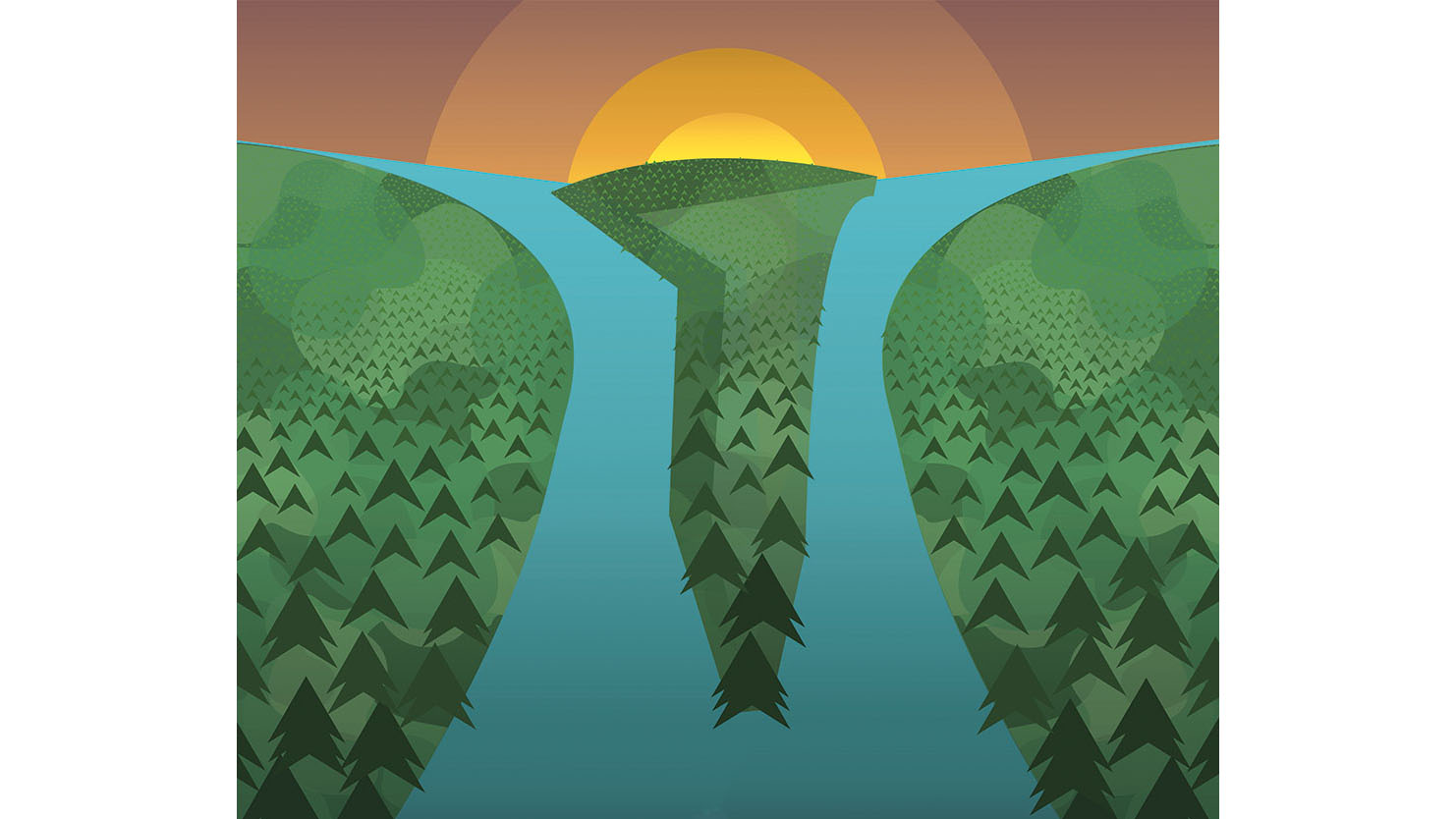 An illustration of grass, water and a sunset