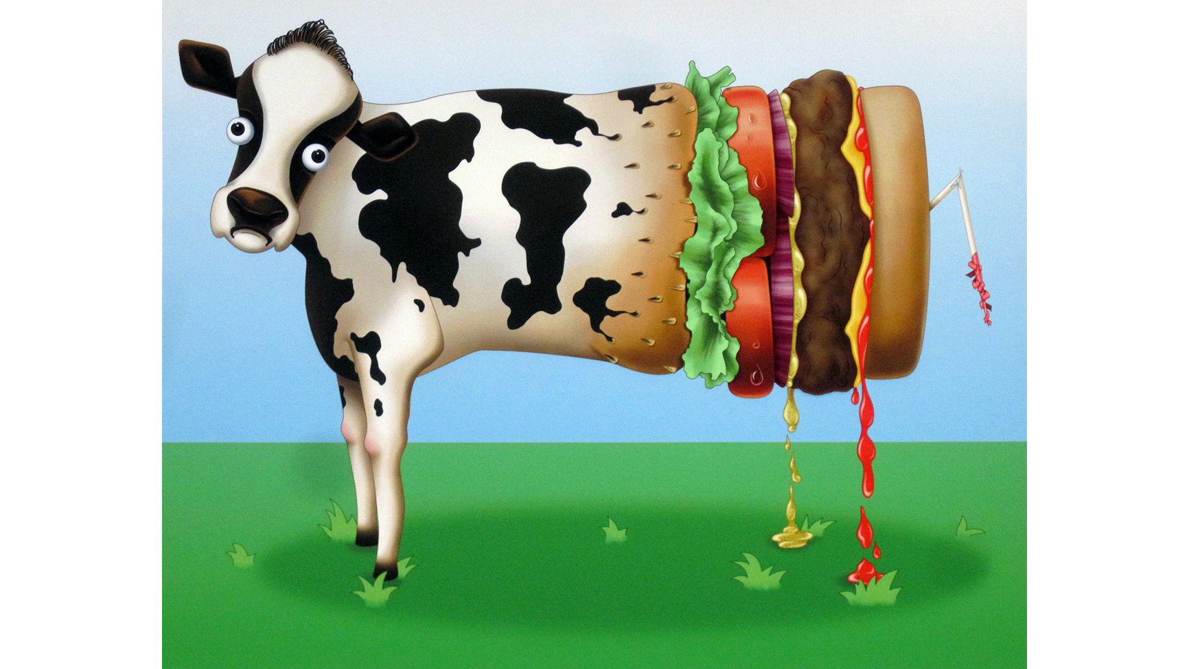 An illustration of a cow made half of hamburger ingredients